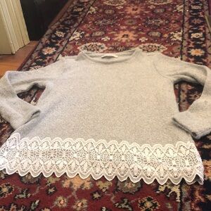 LOFT Light Gray Crewneck Sweater with White Lace Trim